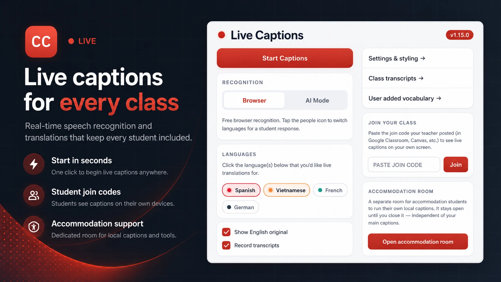 The Live Classroom Captions popup showing Start Captions, language pills, and a Join your class field.