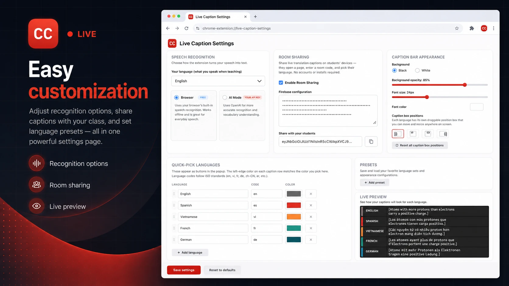 The settings page for caption appearance, room sharing, quick-pick languages, and a live preview.