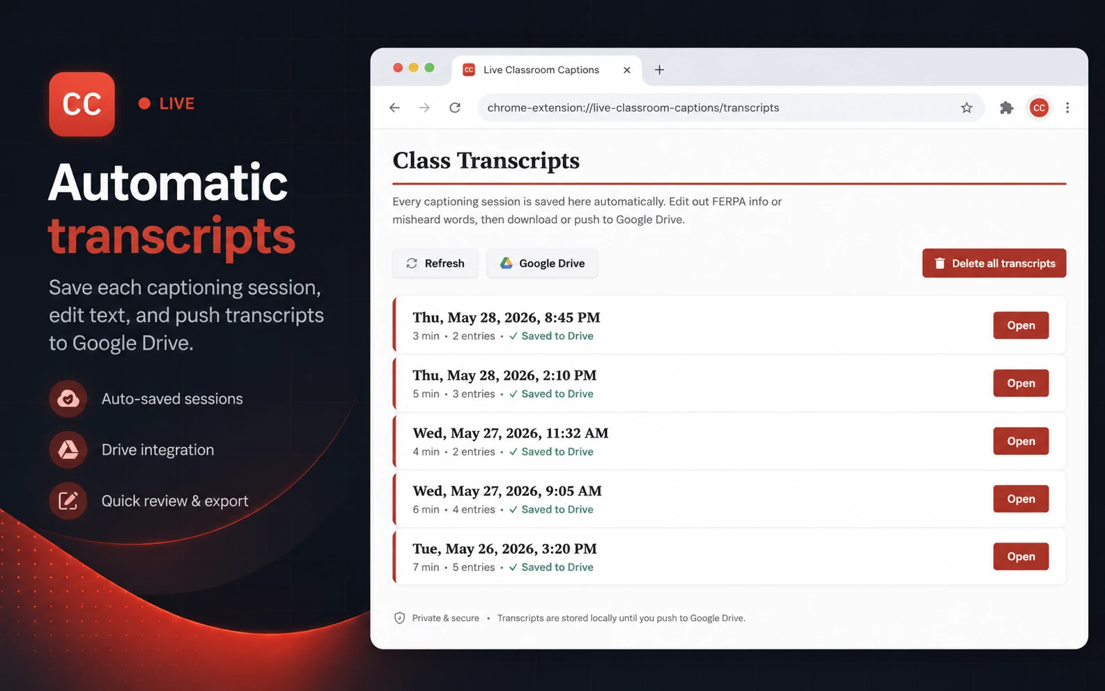 The Class Transcripts page listing saved sessions with a button to push them to Google Drive.