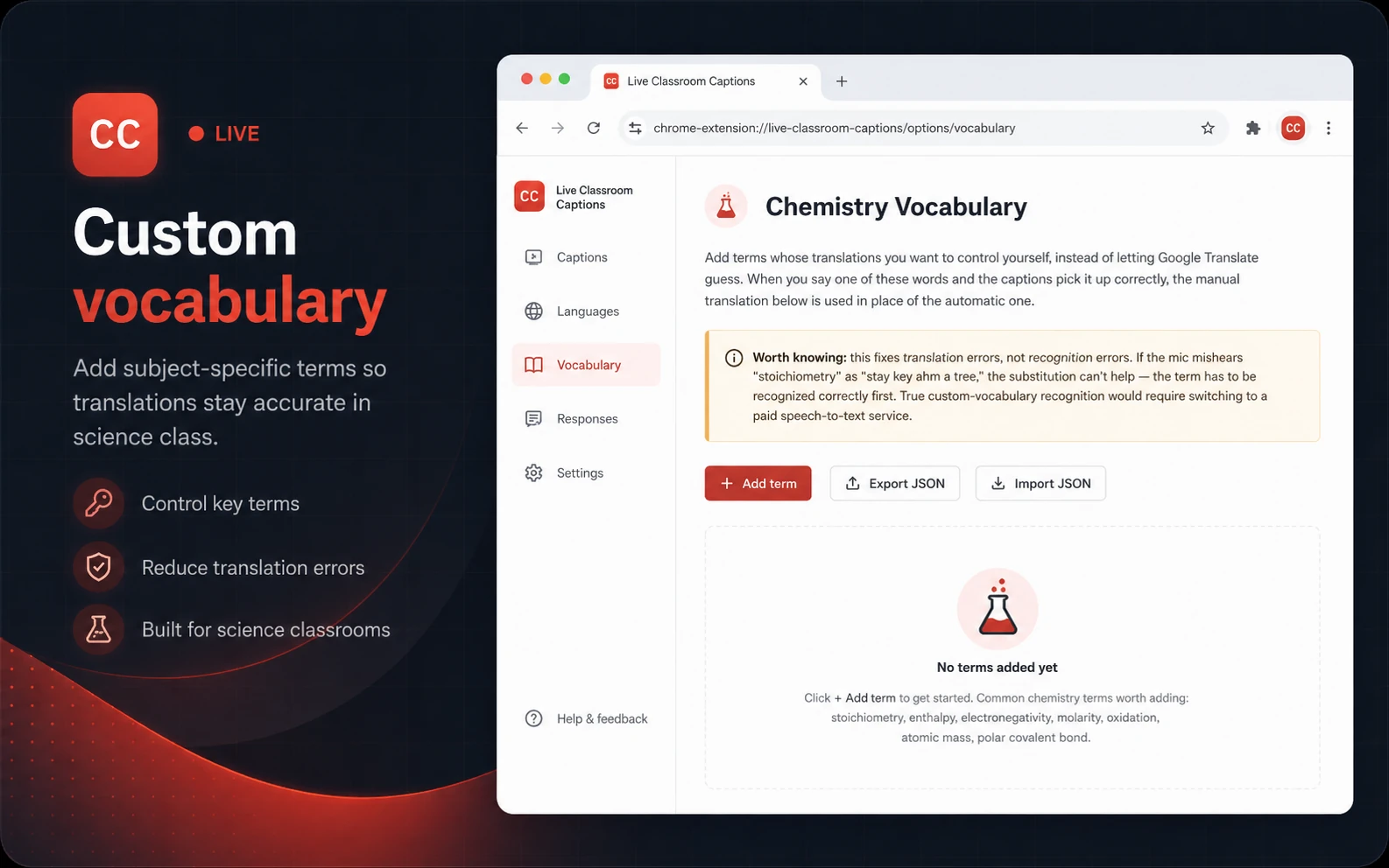 The Chemistry Vocabulary page for adding subject-specific terms whose translations you control.