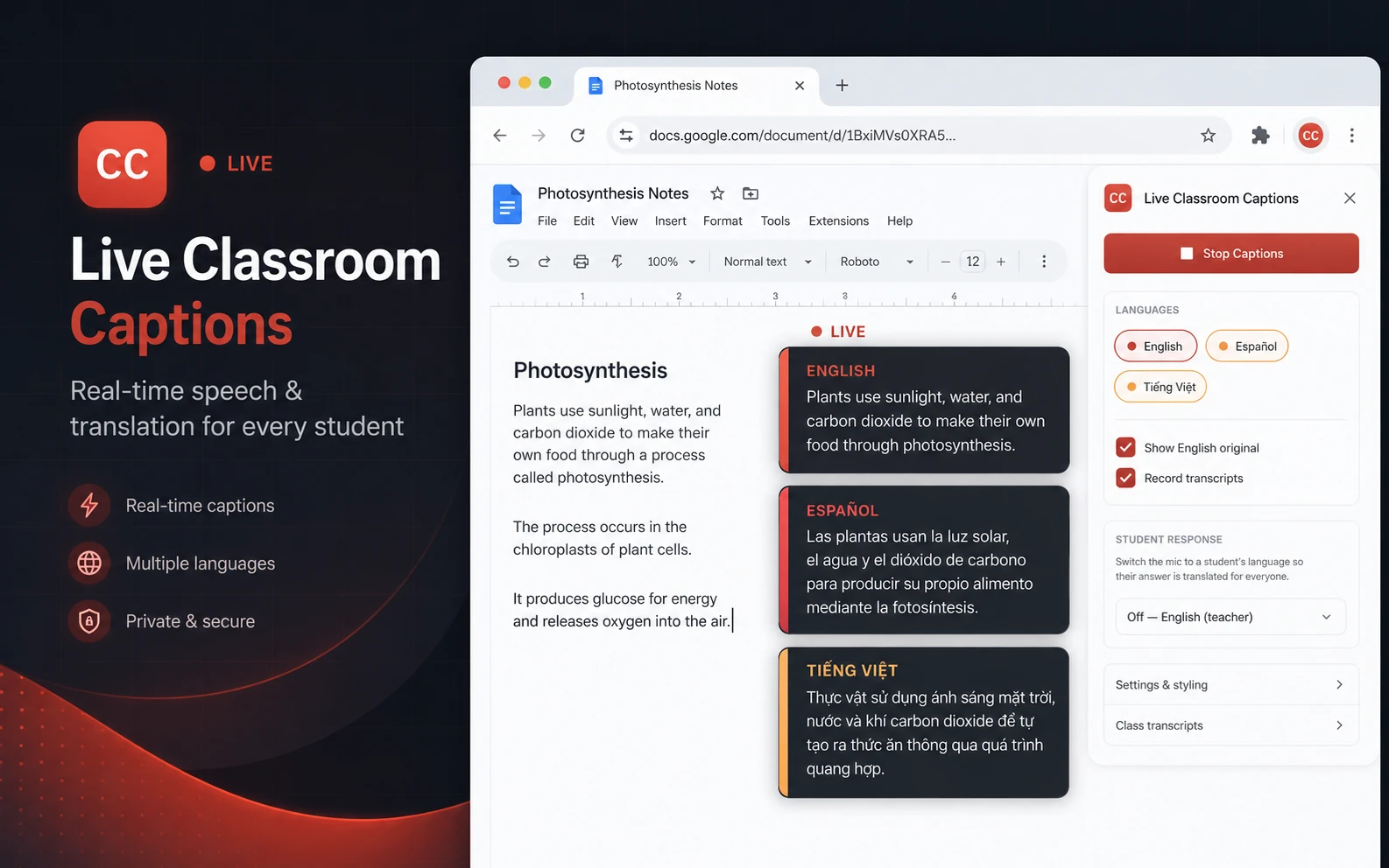Live Classroom Captions running in a Google Doc with synchronized English, Spanish, and Vietnamese caption boxes.