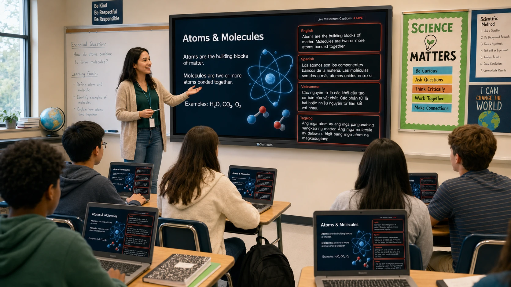 A teacher presents a chemistry lesson on the classroom board with live English and translated captions, while students follow along on their own laptops.